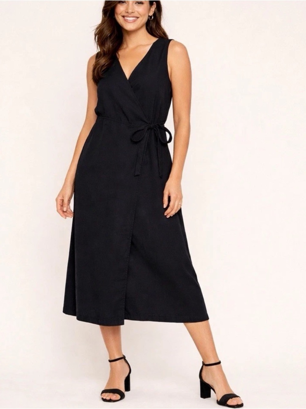 L.L.Bean NWT Vintage Tencel Wrap Midi Dress Women’s 10 Petite Black Sleeveless